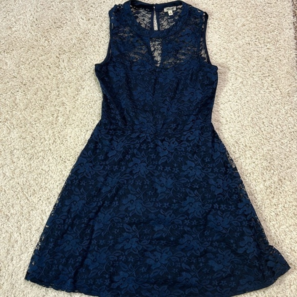 LILY STAR M blue lace fit and flare dress with high neck—see photos, gorgeous!